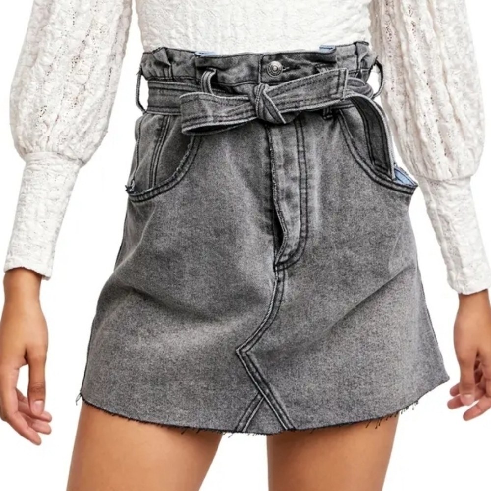 Free People East Of Eden Paperbag Waist denim Mini skirt Western Boho Festival